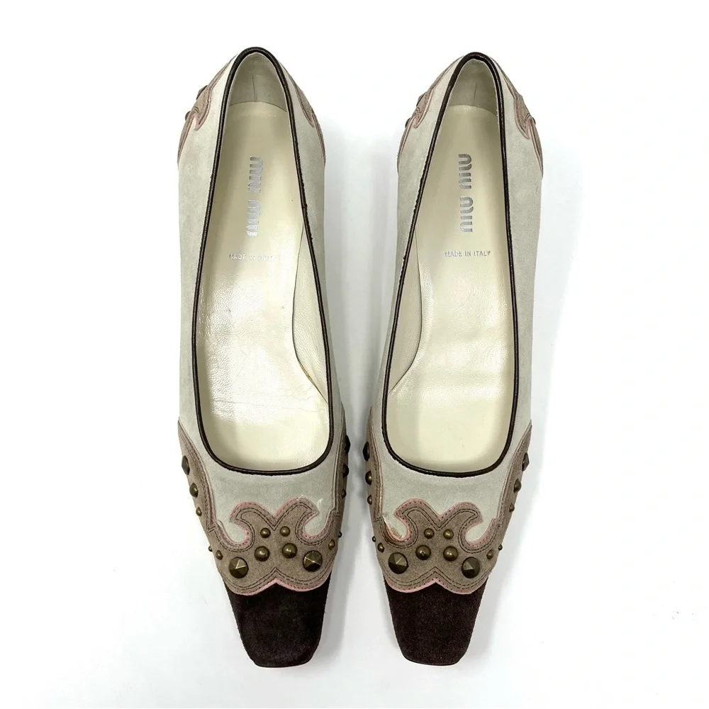 Vintage Miu Miu Y2K Western Suede Kitten Low Heels Pumps Beige Brown Pink 37 7